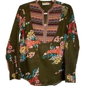 Embroidered Multicolored Floral Tunic‎ Top Shirt Small Boho Chic